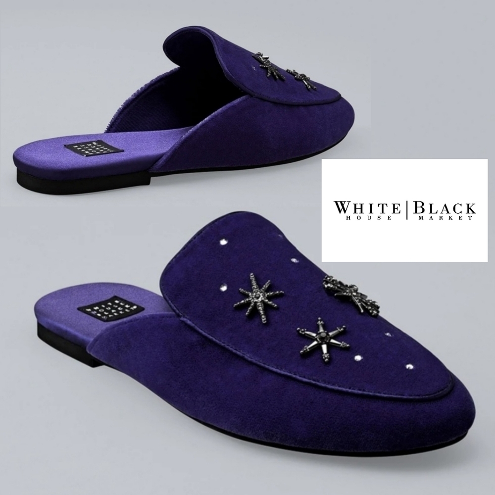 NIB WHBM STAR EMBELLISHED JEWELED BUCKLE VELVET SLIDES Size 7